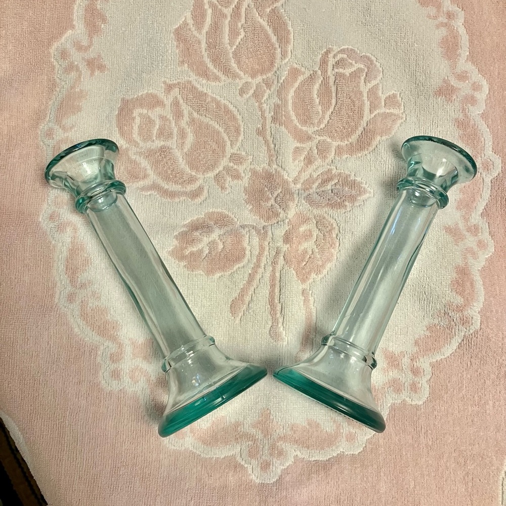 VE VETRERIA ETRUSCA   ITALIAN LIGHT GREEN GLASS COLUMN BUD VASES 8"  RARELY SEEN